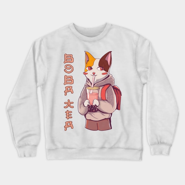 Kawaii anime cat drinking boba tea Crewneck Sweatshirt by heidiki.png